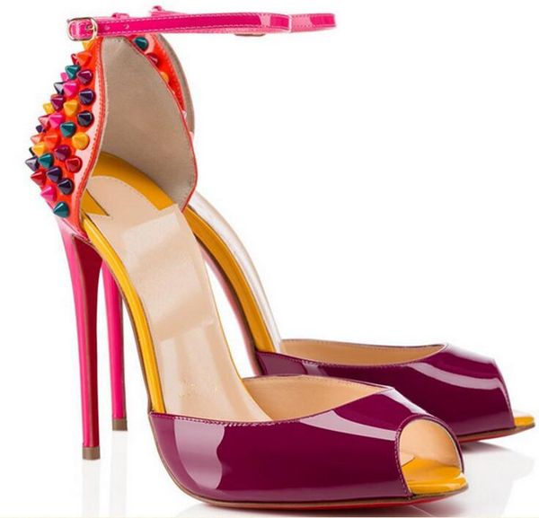 

{Original box}10cm Heel New Brand Fashion Brand Red Bottom High Heels Dress Shoes Sexy Rivets Spiked Open Toe Stiletto Sandals Size 34-41