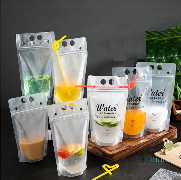 

500ml self-sealed transparent beverage juice milk drinks pouch bag with zipper portable stand up clear cold drinks cup with straw e5410