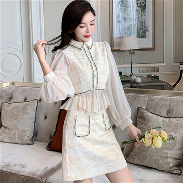 

высокое качество мода офисная девушка 2 шт. комплект шифон сращивание фонарь рукав оборками нагрудный топ+трапеция мини-юбка офисная работа, White