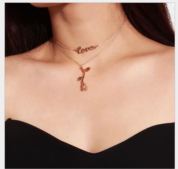 

ornaments romantic fashion personality necklace with alloy letter rose pendant clavicle necklace, Silver