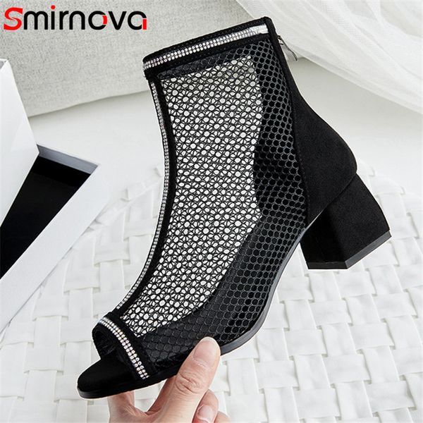 

smirnova 2020 big size 43 women ankle boots women high heel casual shoes peep toe zip crystal hollow out summer boots woman, Black