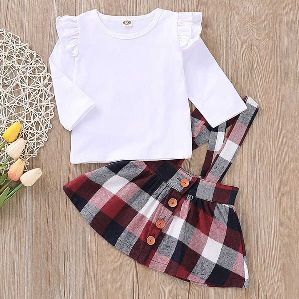 Compre Ropa De Las Muchachas Del Bebé Tops Manga De Vuelo Falda De Tela Escocesa Faldas Niños Niño Camisetas De Algodón Botón Overol Vetement Bebe