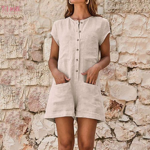 

2019 summer women short jumpsuit solid linen short sleeve solid casual romper v neck pocket button ladies jumpsuits playsuit, Black;white
