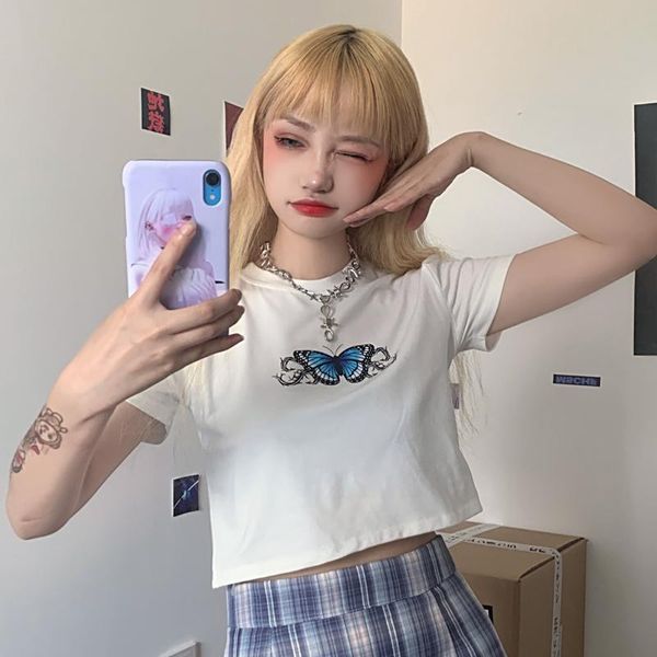 

harajuku kawaii crop for women short t shirt ulzzang korean style tshirt tee graphic butterfly clothes skinny girl croptop, White