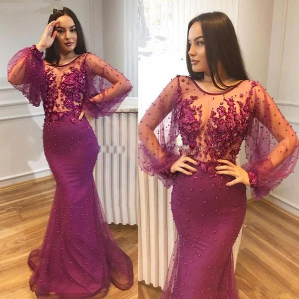 

elegant pearls evening dresses mermaid scoop appliques beaded custom made purple prom gowns graduation long sleeves party dresses, Black