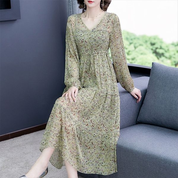

your lady floral dress age-reducing chiffon fat mm foreign style long dress covers belly and makes you look slim 35-45 women's wear sum, White