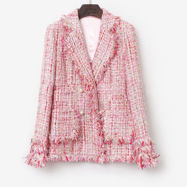 

pink tweed coat sequins fabric 2019 autumn / winter new women's coat temperament was thin woolen in the long section, Black;brown