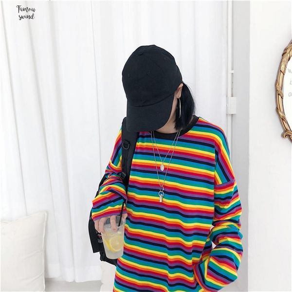 

harajuku rainbow stripe t shirt spring female long sleeve plus size tshirts woman korean feminine 37059, White