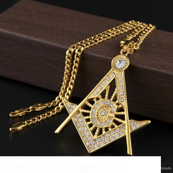 

18k gold silver plated hip hop iced out pendant g necklace initial masonic symbol compass mason men cuban chain necklace