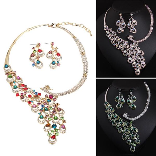 

statement peacock bib necklace earring crystal rhinestone choker pendant jewelry set bridal wedding party jewelery, Silver