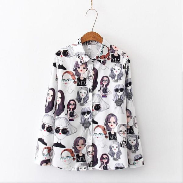 

38#women fashion summer long sleeve vintage print korean shirt casual loose blouse cotton blend daily beach cool plus size, White