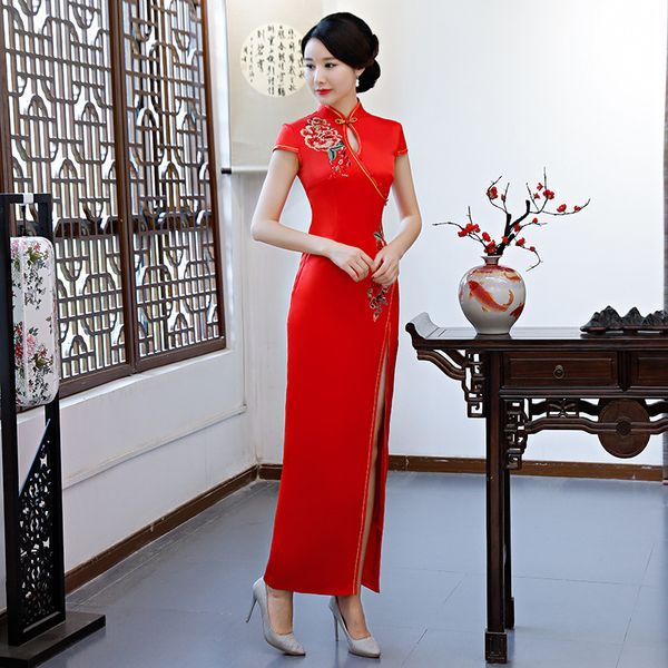 

red female long cheongsam spring summer vintage chinese style dress womens qipao slim party dresses button vestido s-4xl