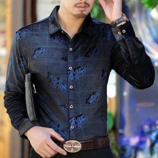 

floral shirt men 3d digital print long sleeve velvet shirt men dress button plaid camisa social masculina de luxo, White;black