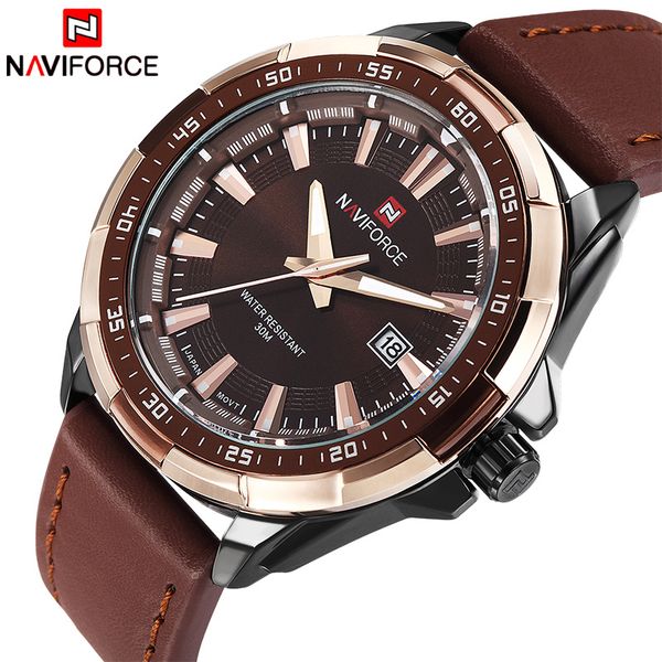 

naviforce mens watches luxury brand fashion sport watches men waterproof quartz clock male army military leather wrist watch, Slivery;brown