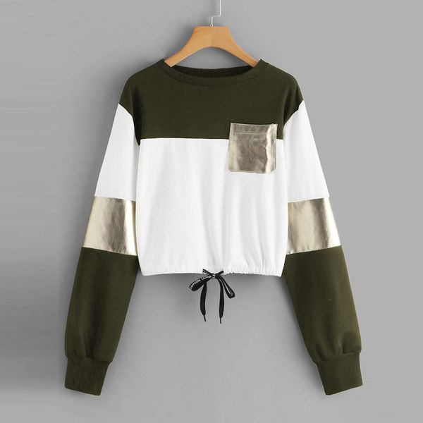 

fashion 2019 women lady pullover casual o-neck long sleeve bandage patchwork pocket sweatshirt color stitching twinkly clothing, Black