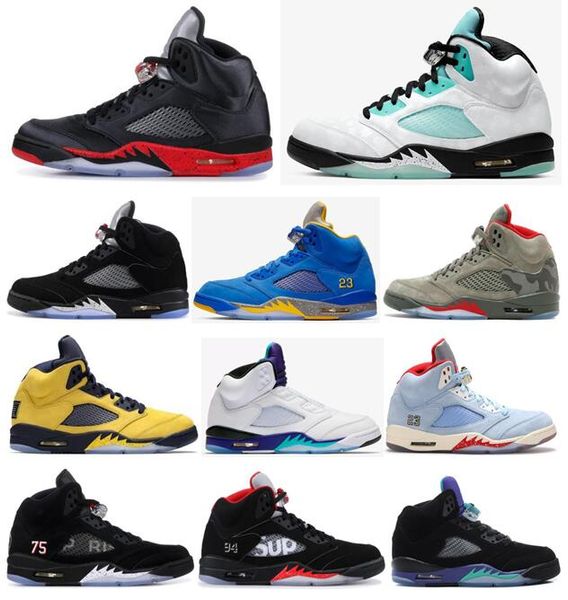 

new 5 satin bred 5s michigan island green fresh prince purple white grape men basketball shoes paris camo camouflage sneakers with box