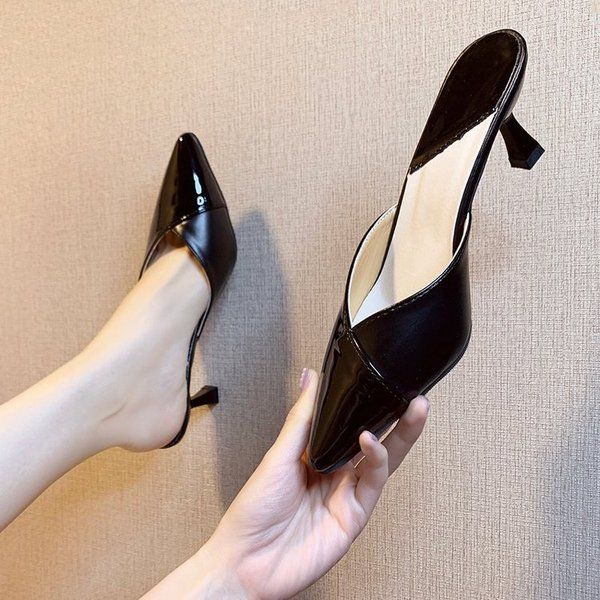 

shoes women thin heels womens slippers outdoor heeled mules med pointed toe slides fashion pantofle soft high summer, Black