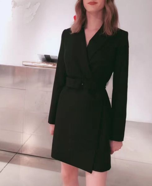 

2019 america pure color long sleeves notched-lapel lady belt knee-length dresses women dress fashion spring f28, Black;gray