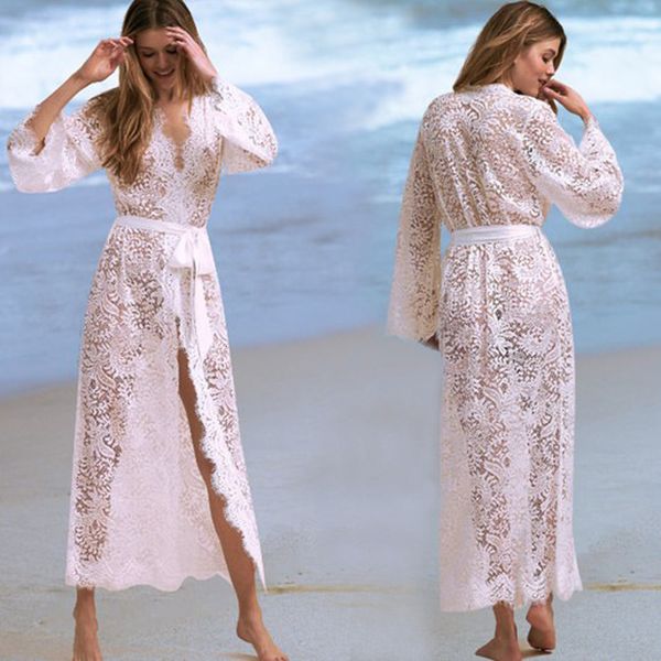 

forerun wit kant kimono vest maxi lange riem kimono strand wimper bloem zomer vakantie cover ups, White