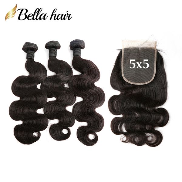 Bella Hair Peruano Onda Corporal Feixes de Cabelo 5x5 Fechamento 10-34 polegadas Brasileiro Natural Preto Virgem Tece com LaceClosure