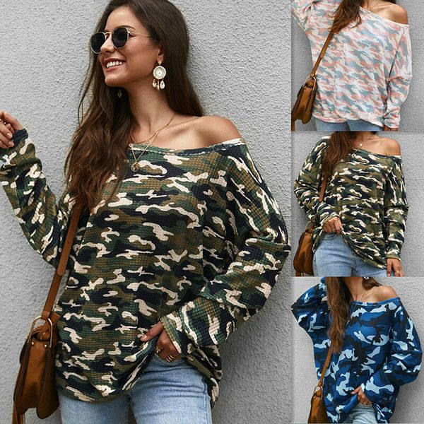 

plus women fashion camouflage batwing long sleeve baggy o neck loose blouse ladies casual jumper, White