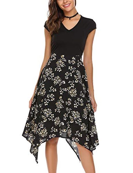 

zeagoo women's floral print v neck cap sleeve summer casual a-line swing dress, Black;gray