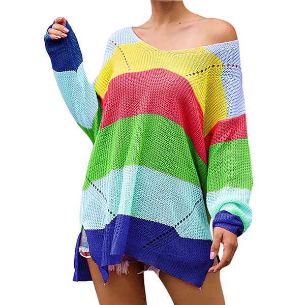 

casual knitted sweater women streetwear v neck long sleeve pullovers loose patchwork rainbow strip women's sweater, White;black