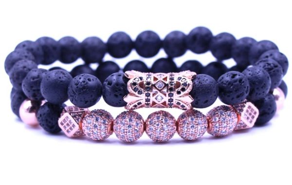 

8mm 2pcs/set rose gold elastic adjusted nature white howlite bead micro pave cz zircon cubic zirconia tube bracelet, Black