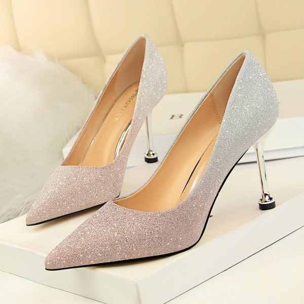 

korean fashion high heels women's shoes 8.5cm thin heels pumps pointed toe shining color gradual color matching single shoes, Black