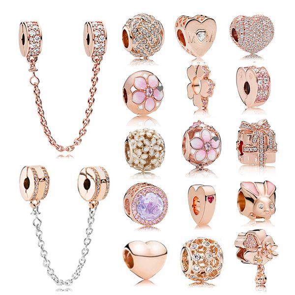 

new 100% 925 sterling silver pandora 1:1 authentic charm rose gold daisies heart-shaped rabbit beaded safety clip safety chain, Black