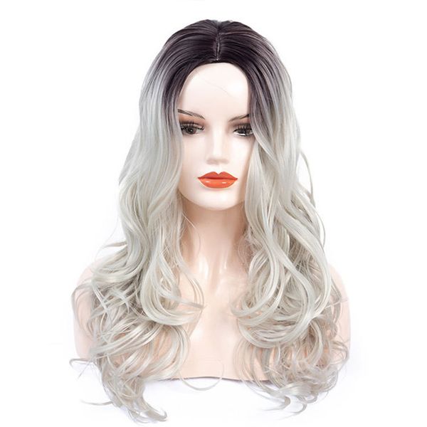 

body wave synthetic wigs long natural ombre blonde wig for women silver grey wavy 24 inches heat resistant hair, Black