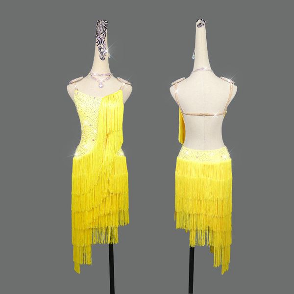 

new yellow tassel latin dance dress women competition performance outfit female professional high-end dance dress, Black;red