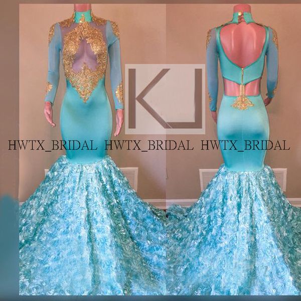 

turquoise 3d rose flowers prom dresses long sleeves high neck backless gold appliques long mermaid prom dress women formal gown, White;black
