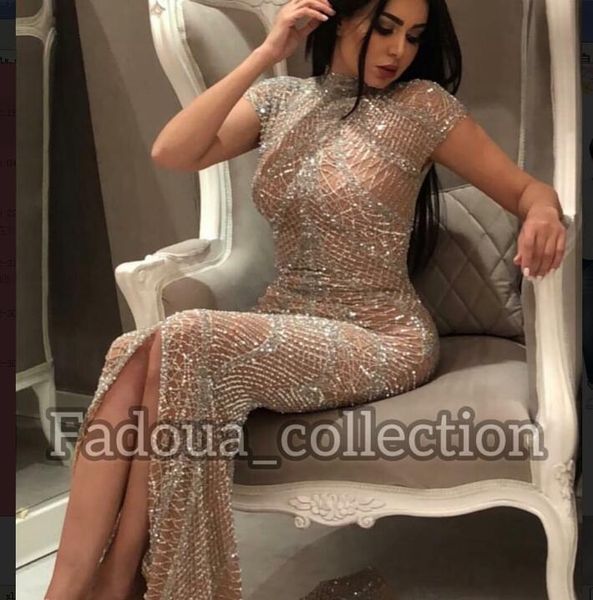 

evening dress yousef aljasm kim kardashian split high-neck short sleeve pearls silver crystal kylie jenner zuhair murad ziadnakad 0020, Black;pink