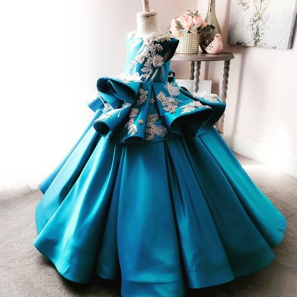 

pearls blue 2019 flower girls dresses for wedding jewel neck birthday gowns 3d flower satin beading first communion dress ball gowns, White;blue