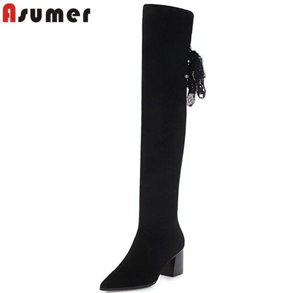 

asumer black fashion autumn winter boots women pointed toe ladies over the knee boots flock cross tied prom big size 34-43