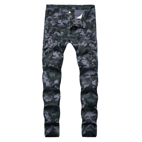 

men's jeans sokotoo camouflage print pockets cargo streetwear slim stretch denim pants, Blue
