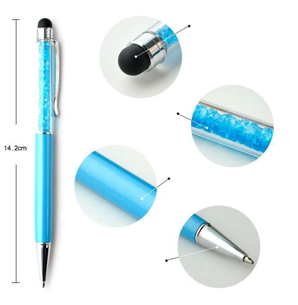 1000pcs / lot Atacado Função Mutlti Metral 2 em 1 Crystal Capacitive Touch Stylus Pedrinhas Ball Pen Para Mobile Phone PC Tablet