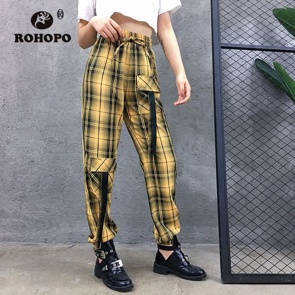 

rohopo harajuku pockets pockets hippie pants striped high waist vogue full length pant yellow streetwear girl trousers, Black;white