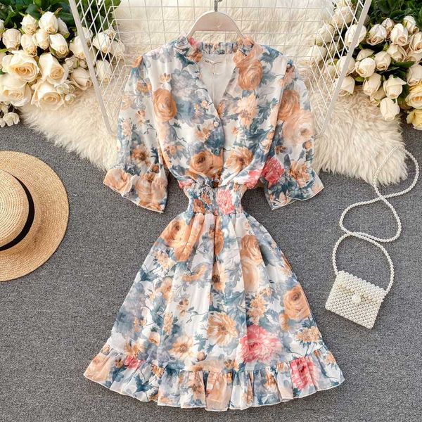 

ins v collar buckle high waist slim printed short sleeve chiffon dress women elegant vestidos l363, Black;gray