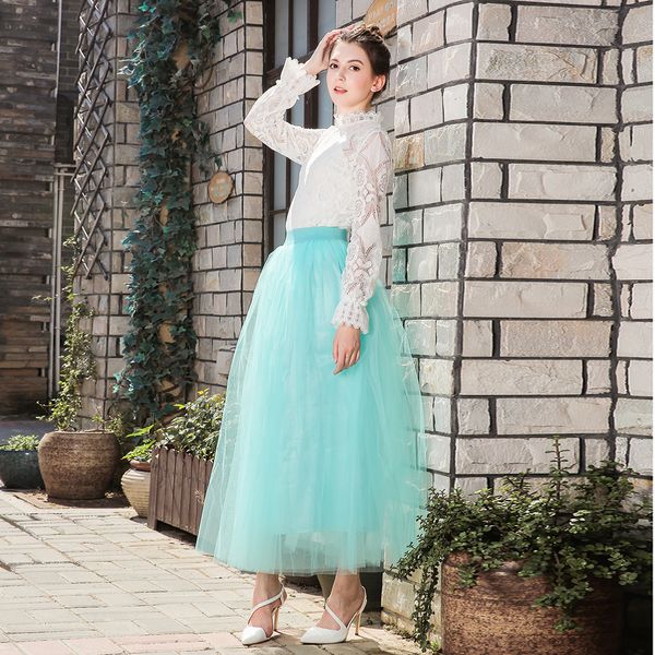 

bohemian skirt tulle skirts long womens maxi skirts 4 layers 100 cm mesh pleated bridesmaidball gown flared saia longa, Black;gray