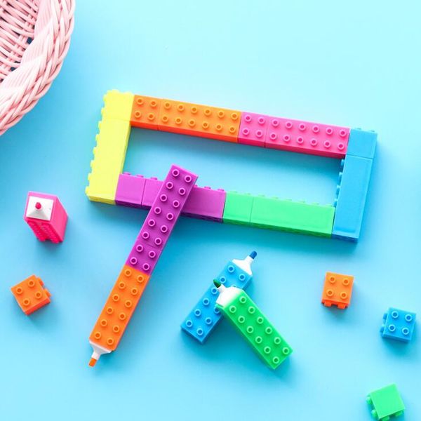 

6pcs/lot kawaii chiildren's building block graffiti fluorescent drawing pen students marker highlighter pens creative stationery