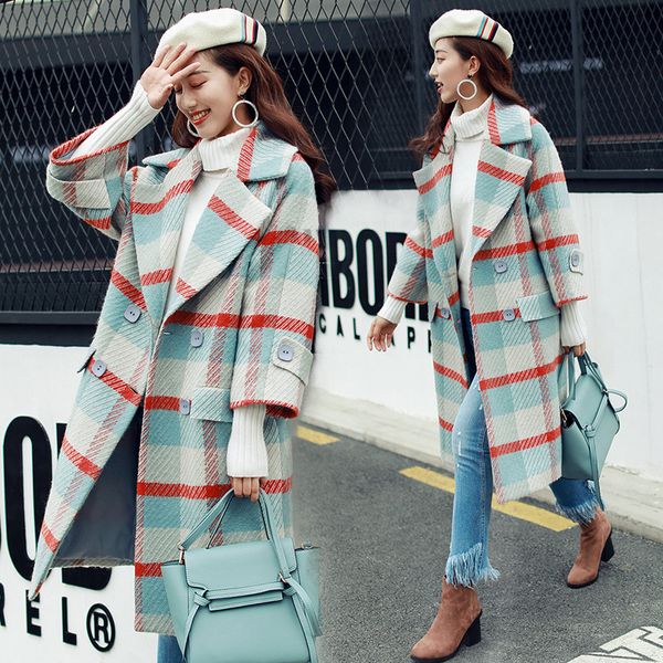 

autumn and winter loose casual lapel plaid long-sleeved coat ing, Black