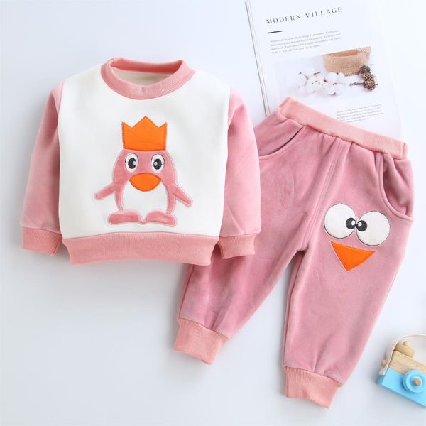 

spring autumn children clothing sets new boys girls casual cotton velvet cartoon +pants 2pcs for children tracksuits outfits, White