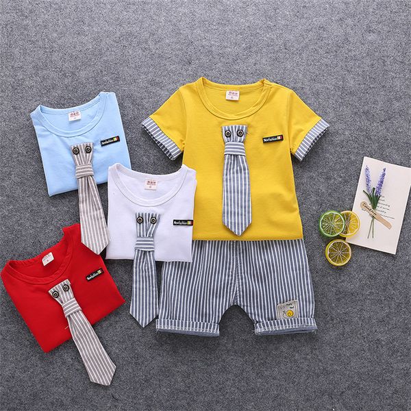 

kids clothes 4 colors summer t-shirt + shorts 2 piece sets kids designer clothes boys short sleeve cartoon t-shirt striped shorts jy187, White