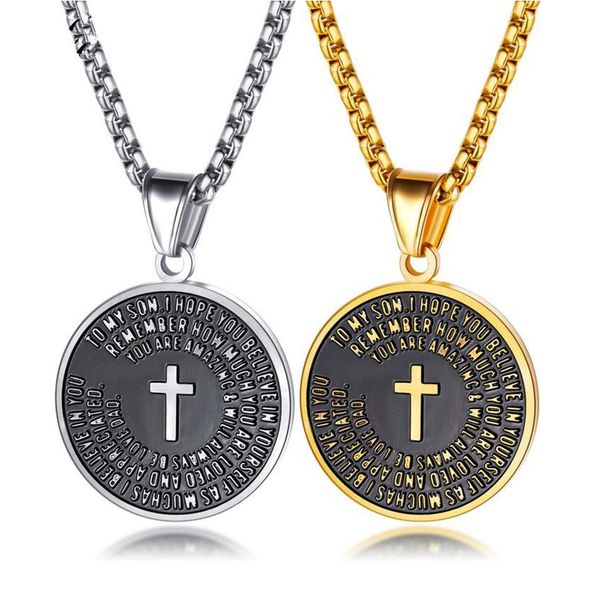 

мода мужчины золото серебро цвет цепи ожерелье шарм круглый крест кулон ювелирные изделия из нержавеющей стали хип-хоп мужская дизайн ожерел, Silver