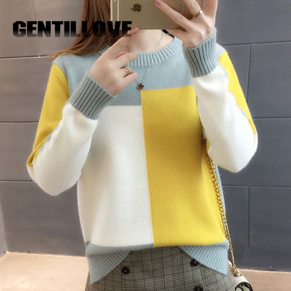 

gentillove autumn vintage women korean panelled color sweater casual long sleeve o neck thick pullover knitted pull femme jumper, White;black