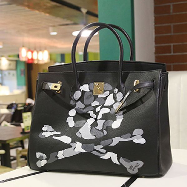 

армейский череп серый пользовательские граффити многоцветный оригинальный дизайн натуральная кожа женские сумки женские сумки живопись ручно