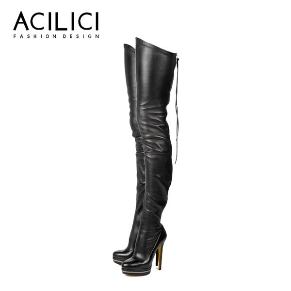 

overknee boots pu leather black zipper boots long high heels platform shoes