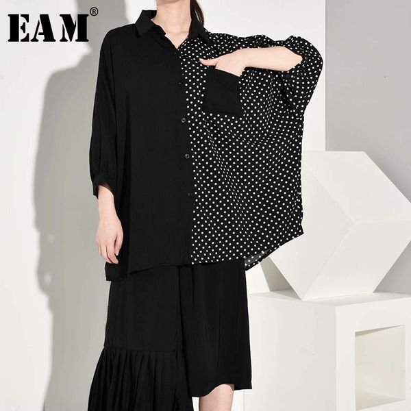 

eam] 2019 new spring summer lapel three quarter sleeve dot printed split joint big size shirt women blouse fashion tide jw5660, White